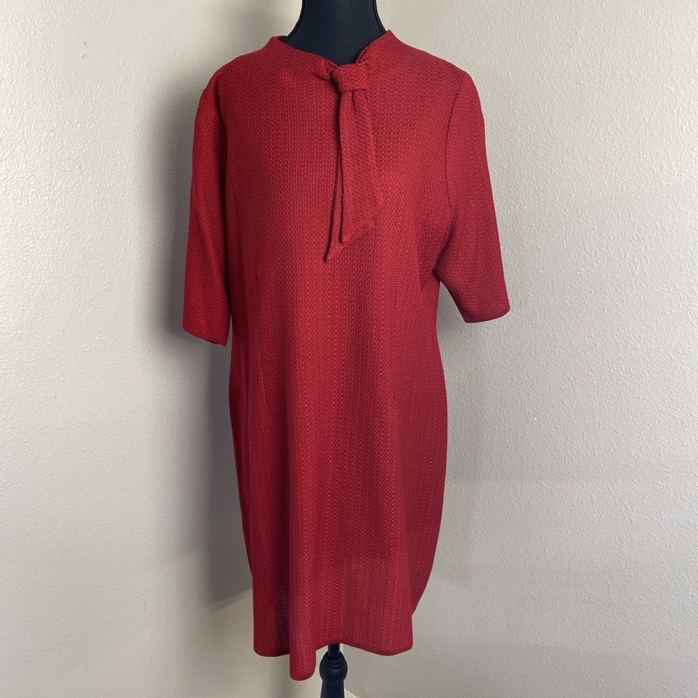 MISOOK Tie Neck Elbow Sleeve Sheath Dress PL Red Knit Knee Length Old‎ Money